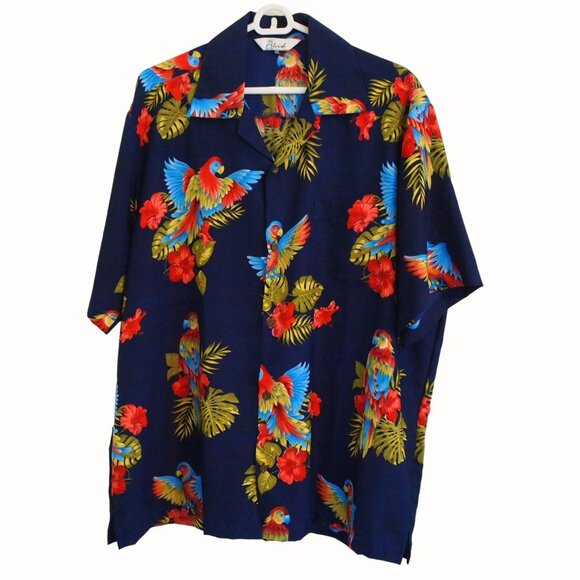 Alvish Hawaiian Button Down Shirt Parrot Floral Short Sleeve Blue Men's Size XL - Picture 1 of 5
